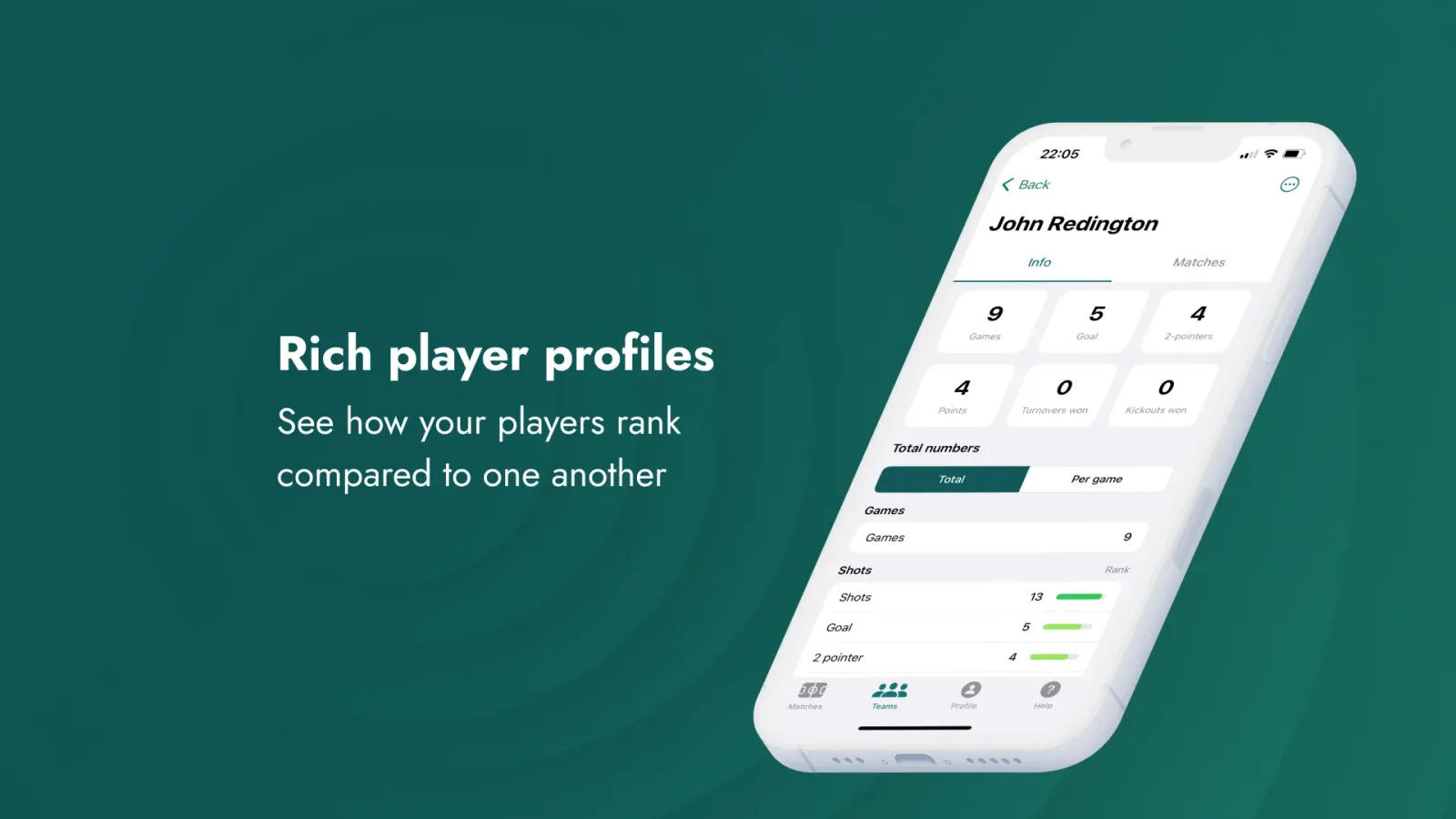 Player profile with performance stats