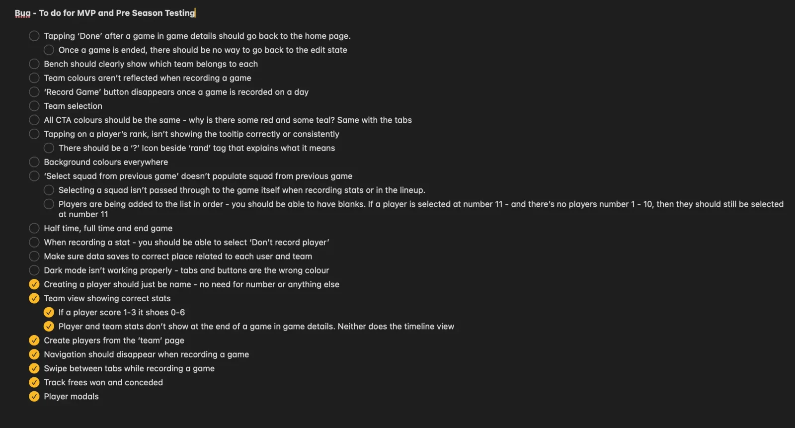 Feature checklist for the app